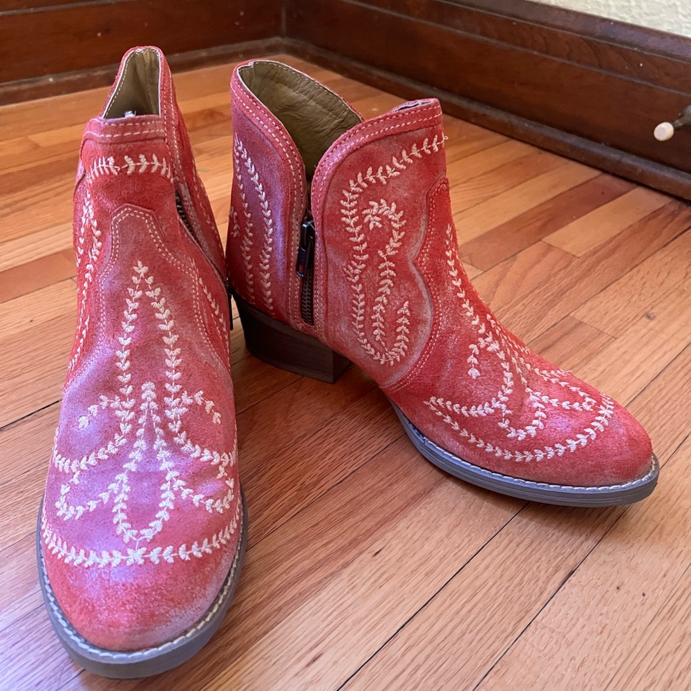 Red leather boots